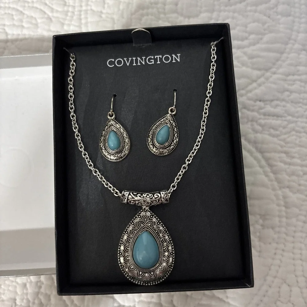 New ! Covington,‎ Silver And Turquoise Necklace And Earrings Set